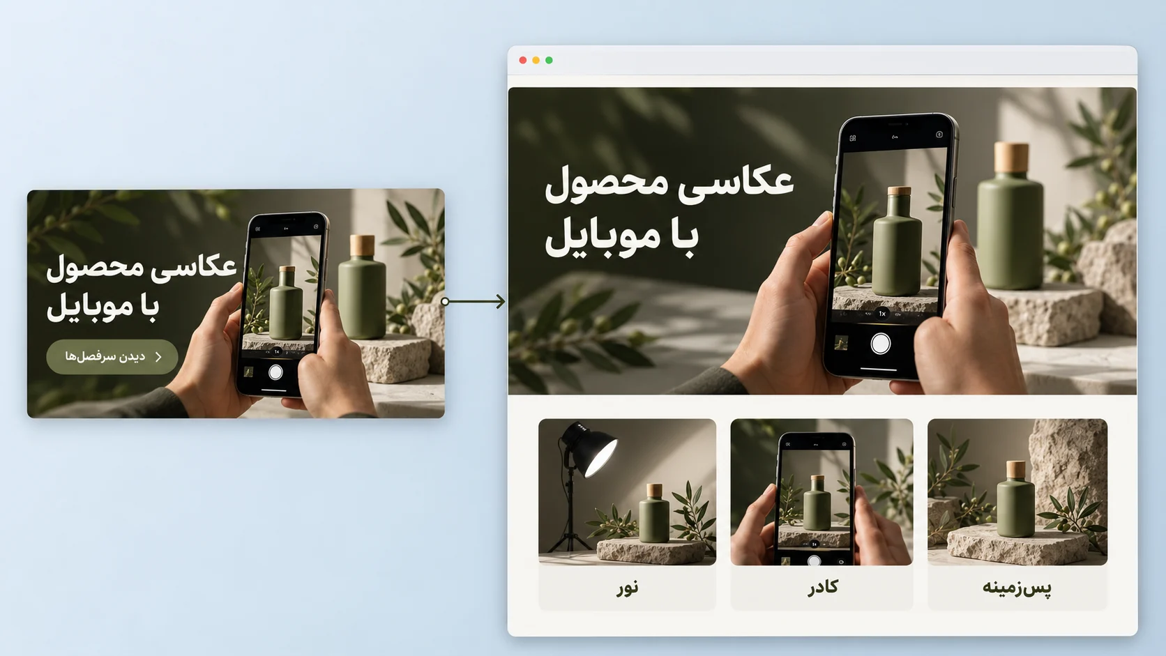 نمای مفهومی ارتباط یک بنر عکاسی با موبایل و صفحه دوره با تصویر و پیشنهاد هماهنگ